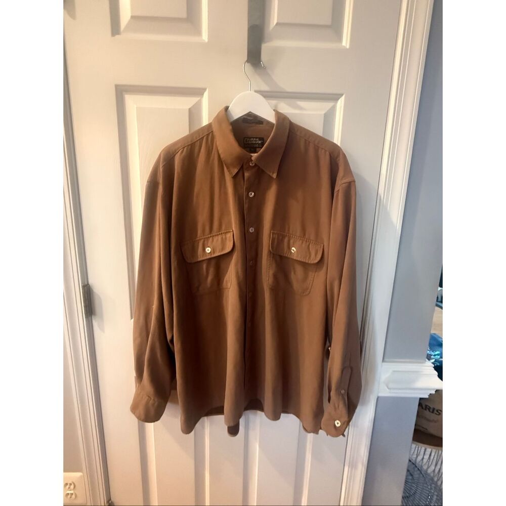National Geographic Brown Moleskin Faux Fur Button Up Shirt sz XL EUC